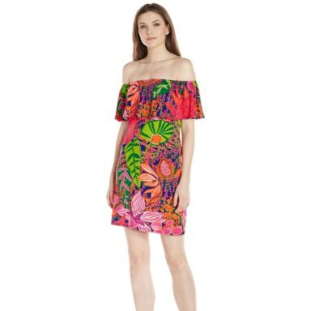Trina Turk Merci Floral Dress Mini Ruffled Off Shoulder Sleeveless Jersey